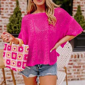 Roots & Wings Boutique Women’s Pink Eyelet Crochet‎ Knit Cover Up Blouse Medium